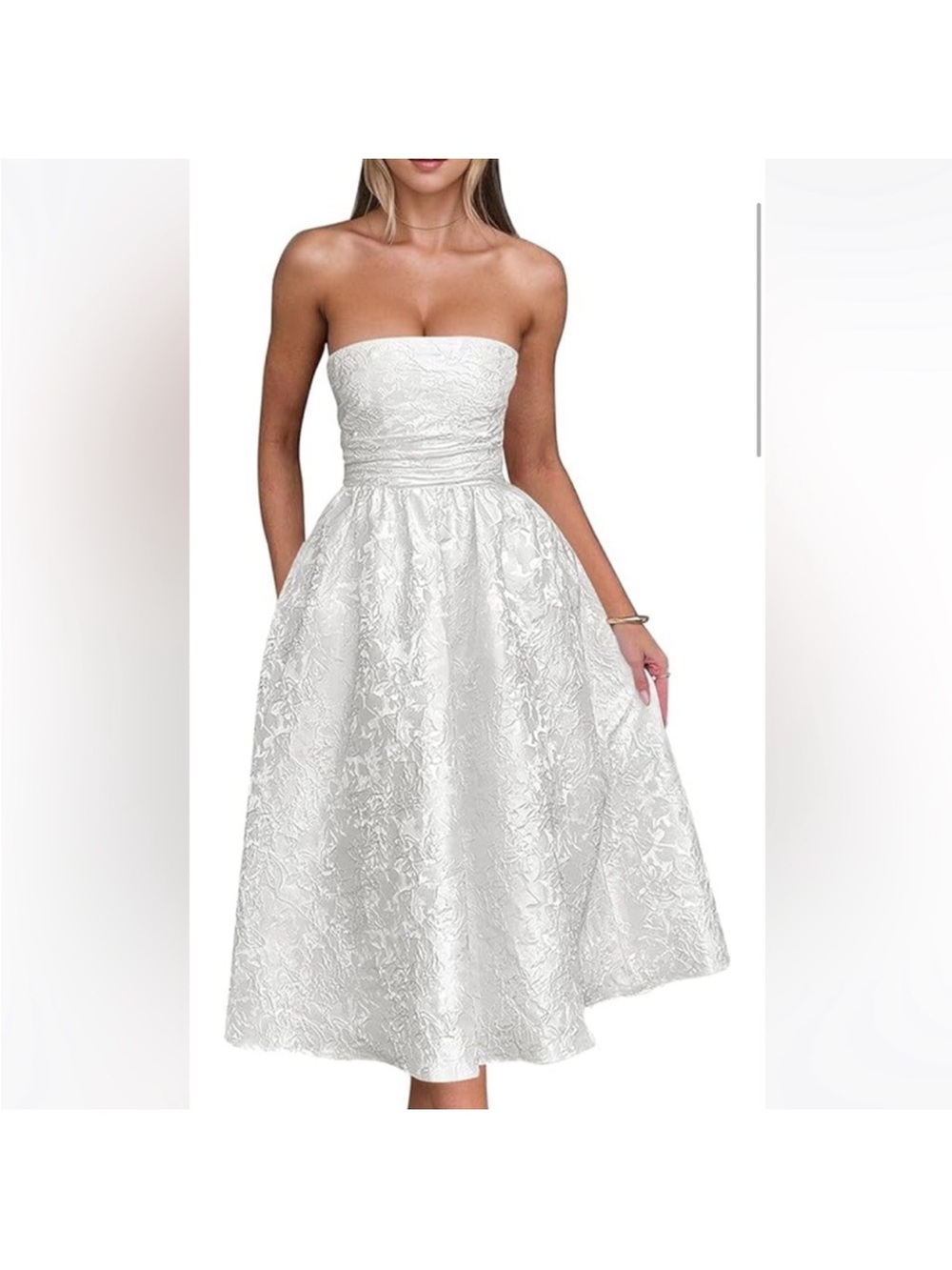 Strapless White Brocade Midi Dress